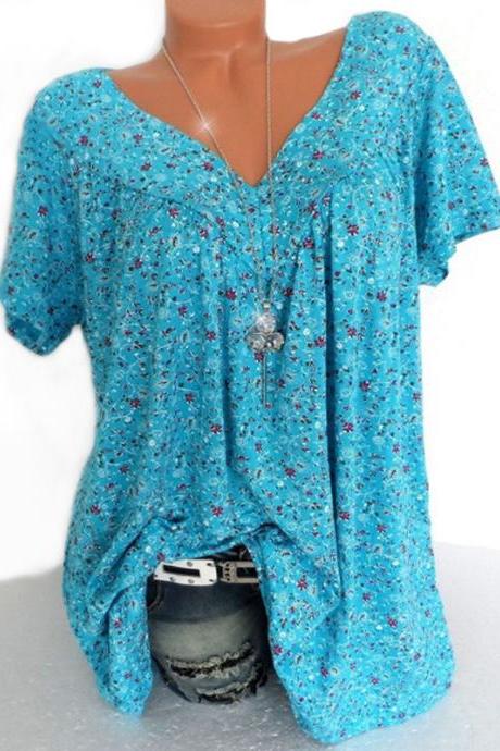 Women Floral Printed T Shirt Summer V Neck Short Sleeve Casual Loose Plus Size Tee Tops Light Blue