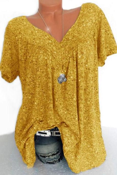 Women Floral Printed T Shirt Summer V Neck Short Sleeve Casual Loose Plus Size Tee Tops Yellow
