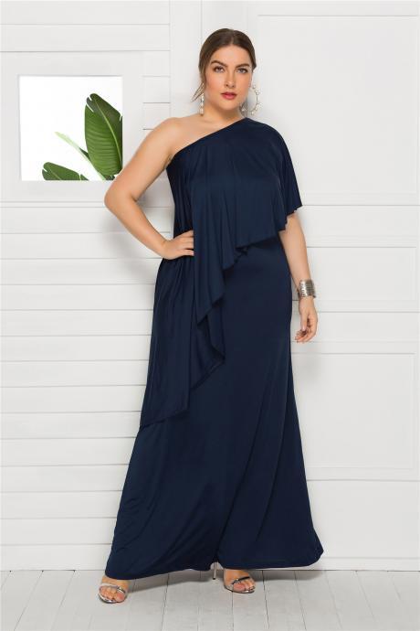Women Maxi Dress One Shoulder Asymmetrical Long Party Prom Evening Gowns Navy Blue