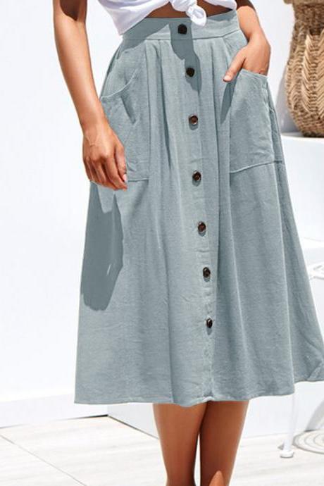  Women A-Line Skirt High Waist Summer Casual Button Pockets Female Midi Skirt baby blue