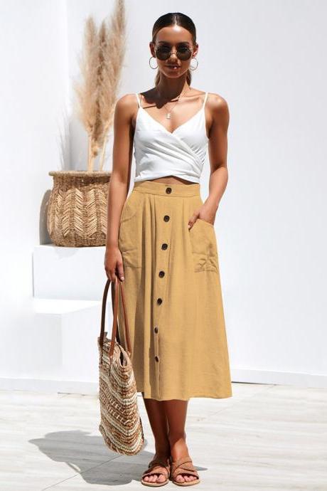 Women A-line Skirt High Waist Summer Casual Button Pockets Female Midi Skirt Khaki