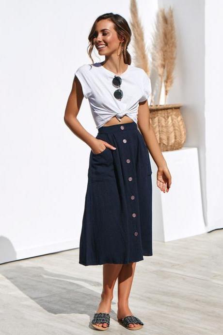 Women A-Line Skirt High Waist Summer Casual Button Pockets Female Midi Skirt navy blue