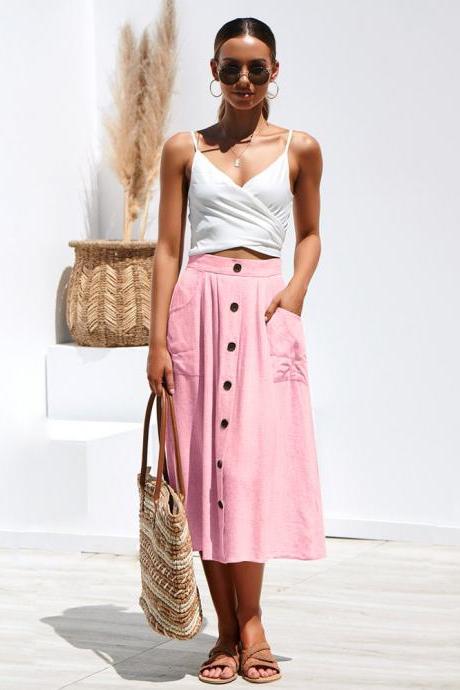 Women A-line Skirt High Waist Summer Casual Button Pockets Female Midi Skirt Pink