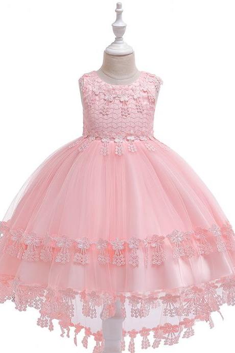 Lace Flower Girl Dress High Low Princess Formal Perform Party Birthday Gown Kids Children Clothes salmon