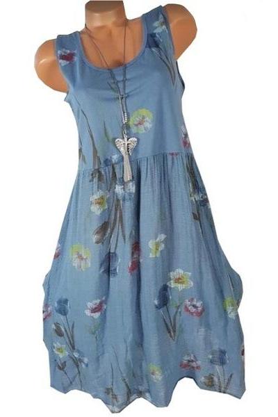 Women Floral Printed Dress Summer Casual Loose Boho Beach Plus Size Sleeveless Mini Sundress blue