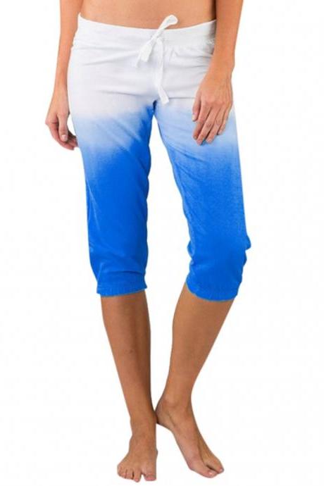 Women Gradient Color Cropped Pants Drawstring Mid Waist Summer Casual Slim Fitness Trousers blue