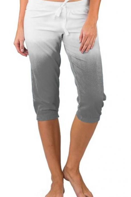 Women Gradient Color Cropped Pants Drawstring Mid Waist Summer Casual Slim Fitness Trousers Gray