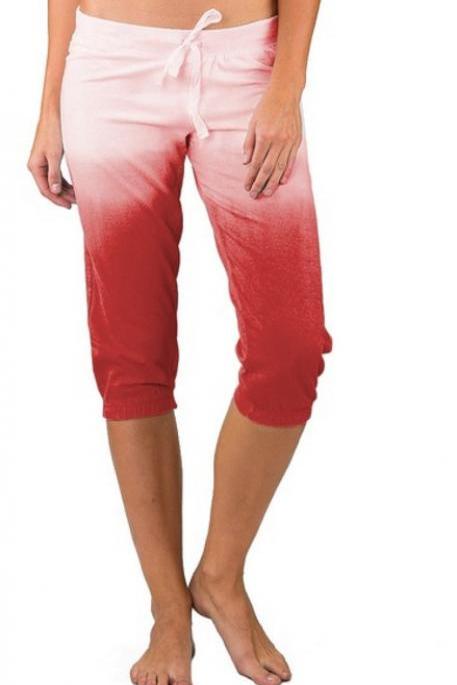 Women Gradient Color Cropped Pants Drawstring Mid Waist Summer Casual Slim Fitness Trousers Red
