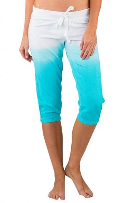 Women Gradient Color Cropped Pants Drawstring Mid Waist Summer Casual Slim Fitness Trousers Sky Blue