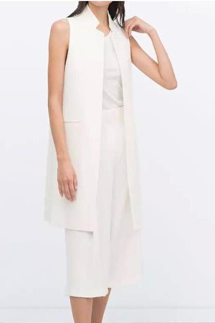  Women Blazer Waistcoat Stand Collar Vest Jacket Casual OL Office Long Sleeveless Suit Coat off white