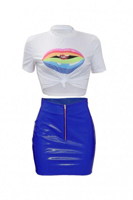  Women Tracksuit Summer Short Sleeve Crop Top+Mini Pu Leather Skirt Club Party Two Pieces Set blue