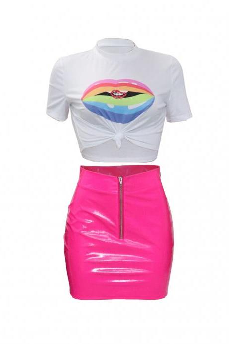  Women Tracksuit Summer Short Sleeve Crop Top+Mini Pu Leather Skirt Club Party Two Pieces Set pink