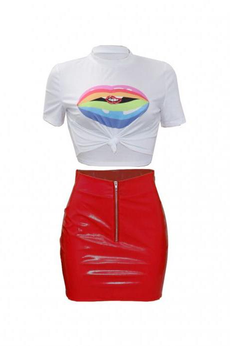  Women Tracksuit Summer Short Sleeve Crop Top+Mini Pu Leather Skirt Club Party Two Pieces Set red