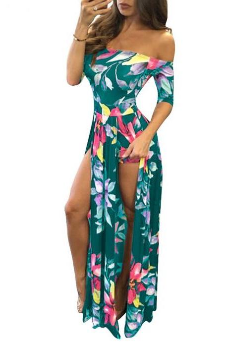  Women Maxi Dress Off The Shoulder Foral Printed Casual Summer Beach Boho Split Long Dress green