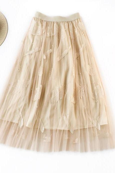  Women Tulle Skirt Summer High Waist Embroidery Feather A Line Casual Midi Pleated Skirt apricot