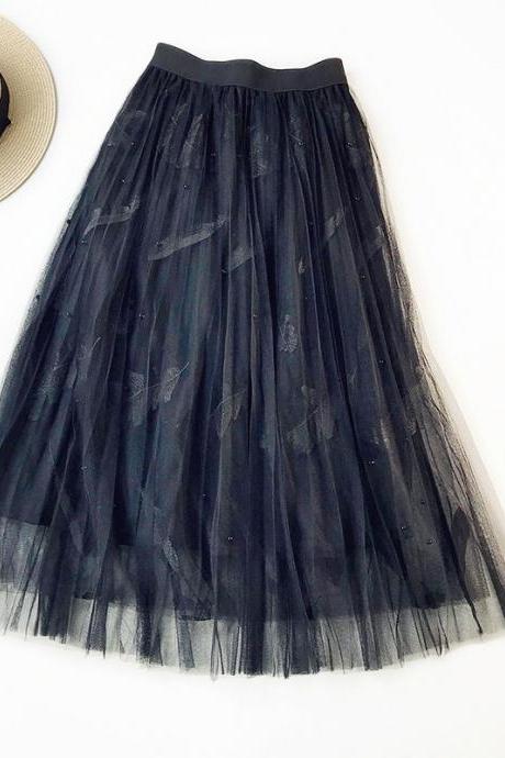 Women Tulle Skirt Summer High Waist Embroidery Feather A Line Casual Midi Pleated Skirt Black