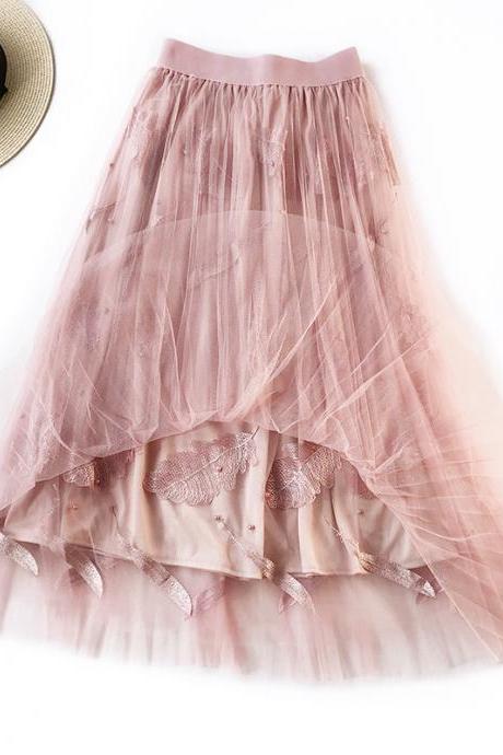 Women Tulle Skirt Summer High Waist Embroidery Feather A Line Casual Midi Pleated Skirt pink