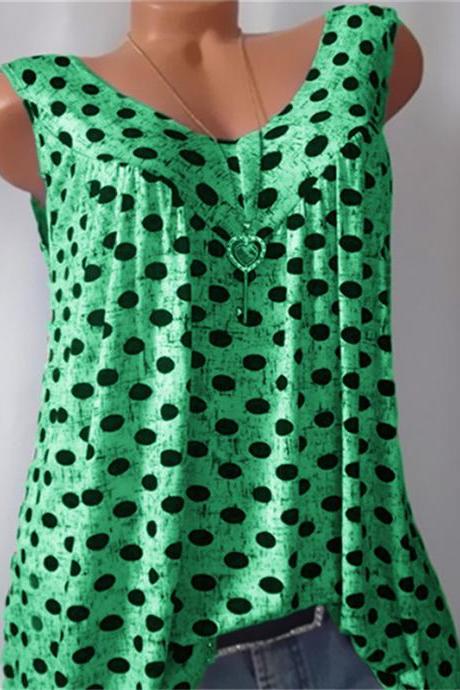  Women Polka Dot Tank Tops V-neck Casual Loose Vest Plus Size Summer Sleeveless T-Shirt green
