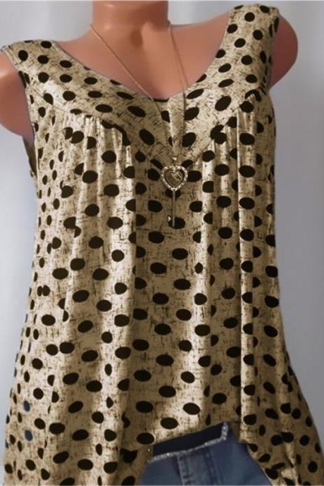 Women Polka Dot Tank Tops V-neck Casual Loose Vest Plus Size Summer Sleeveless T-Shirt khaki