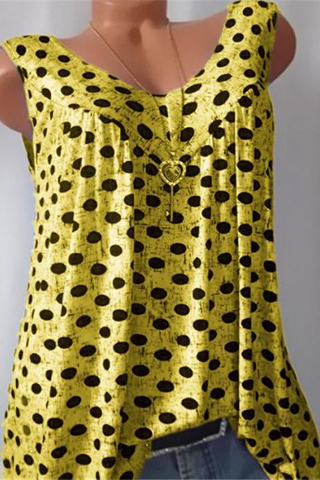  Women Polka Dot Tank Tops V-neck Casual Loose Vest Plus Size Summer Sleeveless T-Shirt yellow