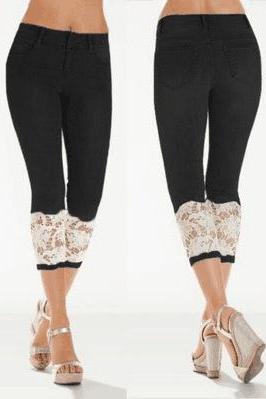 Women Jeans Summer Mid Waist Skinny Lace Patchwork Plus Size Stretch Calf-Length Denim Pants black