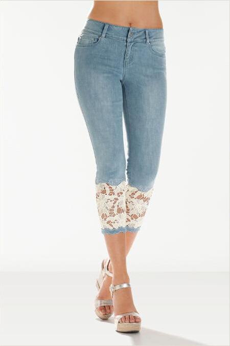 Women Jeans Summer Mid Waist Skinny Lace Patchwork Plus Size Stretch Calf-length Denim Pants Blue