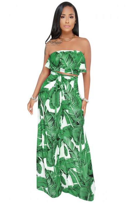 Women Two Pieces Set Strapless Crop Tops + Long Wide Leg Pants Leaf Printed Summer Casual Outfits