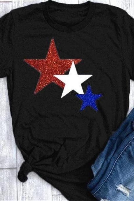 Women T Shirt Summer Short Sleeve O-neck Casual Star Printed Plus Size Tee Tops Black