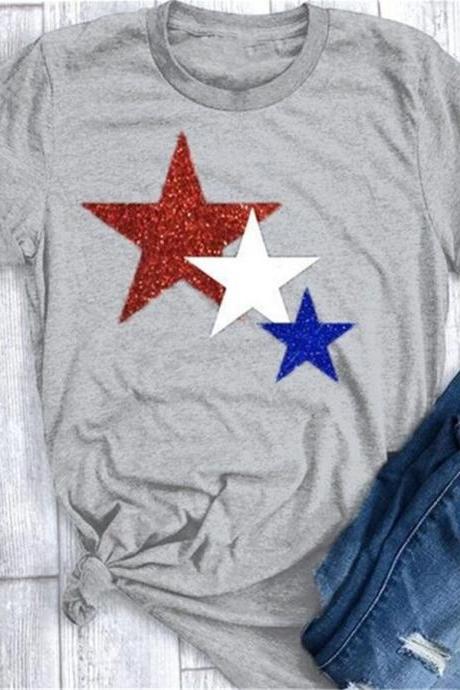 Women T Shirt Summer Short Sleeve O-neck Casual Star Printed Plus Size Tee Tops Gray