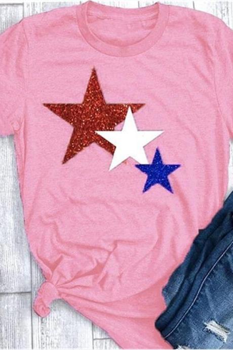Women T Shirt Summer Short Sleeve O-neck Casual Star Printed Plus Size Tee Tops Pink