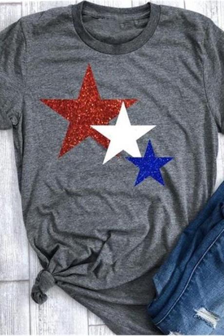 Women T Shirt Summer Short Sleeve O-neck Casual Star Printed Plus Size Tee Tops Dark Gray