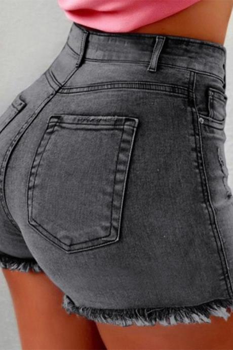 Women Denim Shorts Summer High Waist Ripped Hole Tassel Casual Slim Bodycon Short Jeans Gray