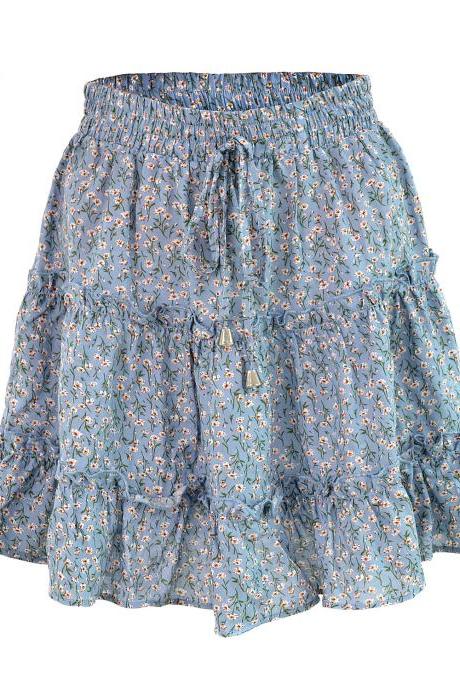 Women Mini Skirt High Waist Ruffles Casual Summer Beach Boho Floral Printed Short A-Line Skirt blue floral