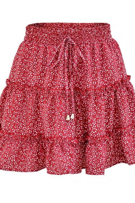 Women Mini Skirt High Waist Ruffles Casual Summer Beach Boho Floral Printed Short A-Line Skirt red polka dot