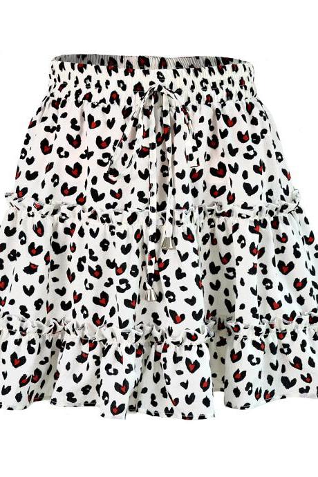 Women Mini Skirt High Waist Ruffles Casual Summer Beach Boho Floral Printed Short A-Line Skirt white leopard 