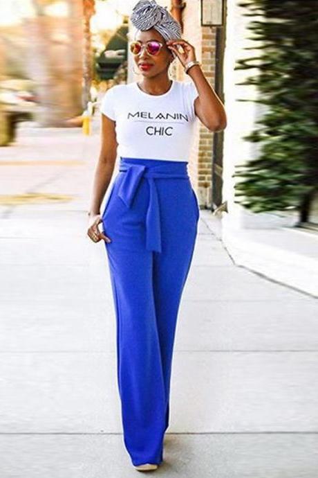 Women Wide Leg Pants High Waist Belted Casual OL Work Office Long Palazzo Trousers blue