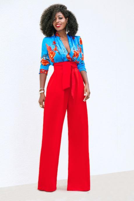 Women Wide Leg Pants High Waist Belted Casual OL Work Office Long Palazzo Trousers red