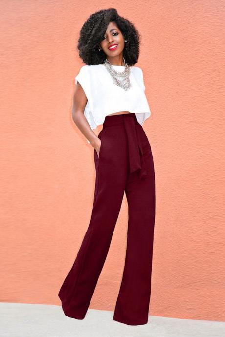  Women Wide Leg Pants High Waist Belted Casual OL Work Office Long Palazzo Trousers wine red