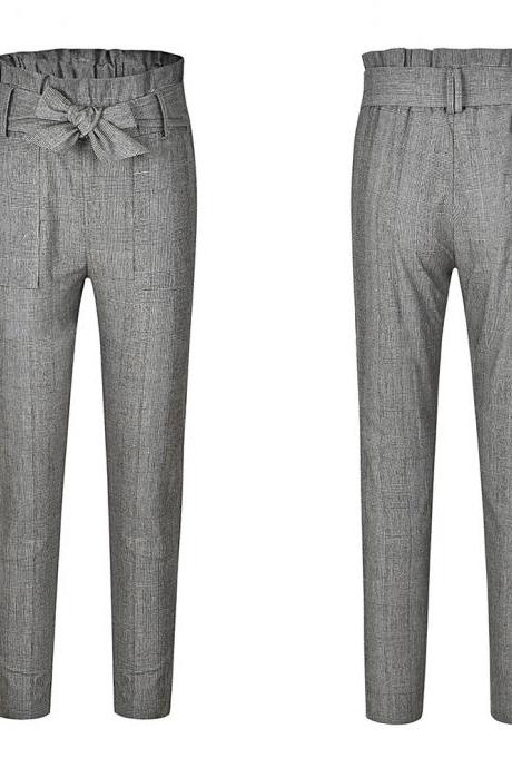  Women Harem Pants Bow Tie Belted High Waist Slim Casual Streetwear Capris Trousers gray