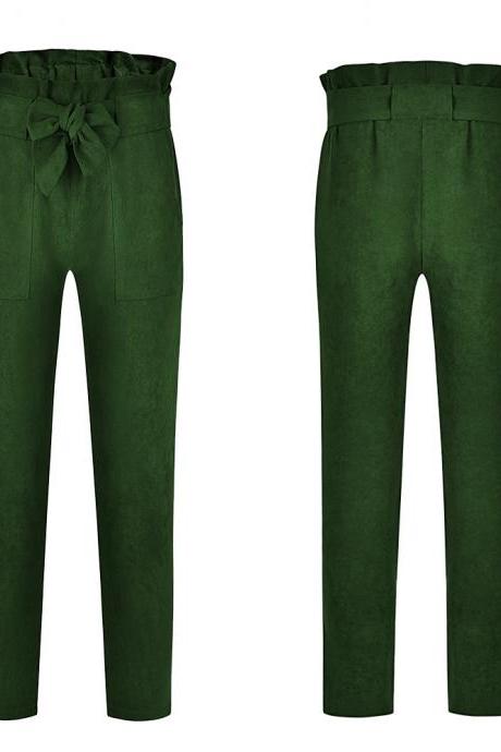 Women Harem Pants Bow Tie Belted High Waist Slim Casual Streetwear Capris Trousers green