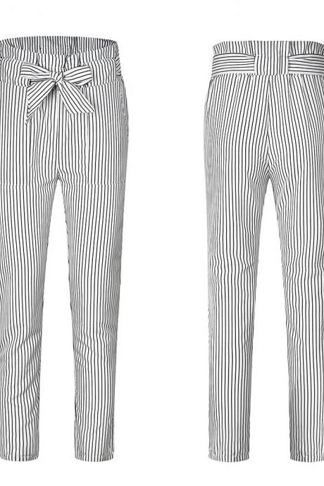  Women Harem Pants Bow Tie Belted High Waist Slim Casual Streetwear Capris Trousers white striped