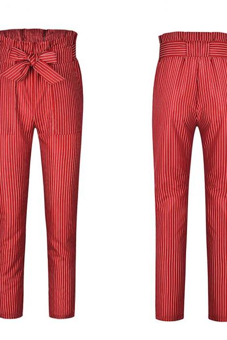  Women Harem Pants Bow Tie Belted High Waist Slim Casual Streetwear Capris Trousers red striped