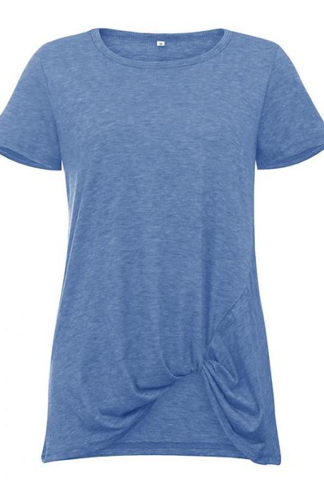 Women Short Sleeve T Shirt O Neck Summer Tie Asymmetrical Casual Loose Tee Tops blue