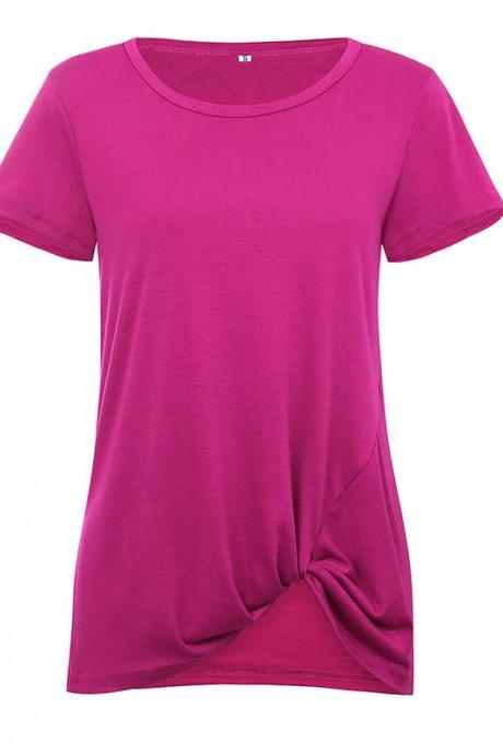  Women Short Sleeve T Shirt O Neck Summer Tie Asymmetrical Casual Loose Tee Tops fuchsia