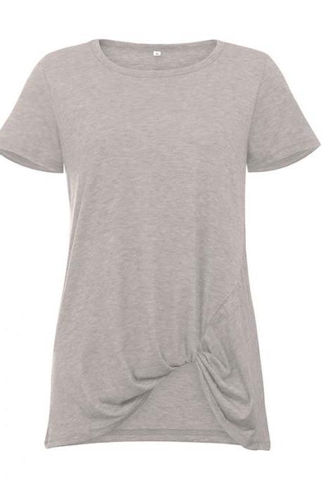 Women Short Sleeve T Shirt O Neck Summer Tie Asymmetrical Casual Loose Tee Tops light gray