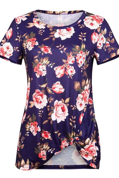 Women Short Sleeve T Shirt O Neck Summer Tie Asymmetrical Casual Loose Tee Tops navy blue floral
