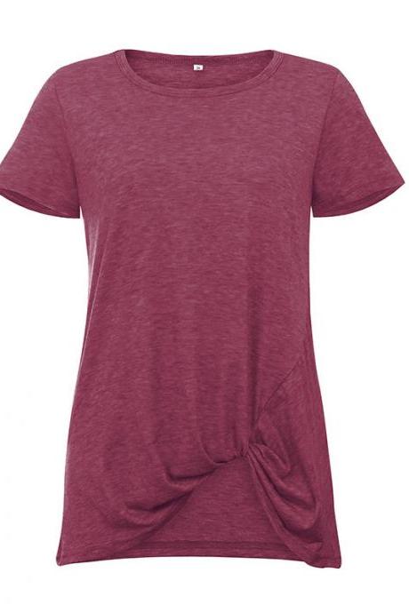 Women Short Sleeve T Shirt O Neck Summer Tie Asymmetrical Casual Loose Tee Tops wine red