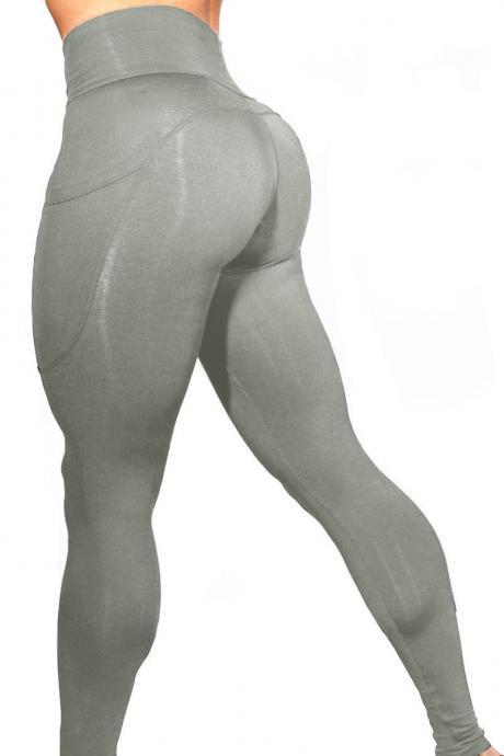Women Yoga Pants High Waist Side Pocket Capri Sport Leggings Slim Skinny Fitness Gym Trousers gray