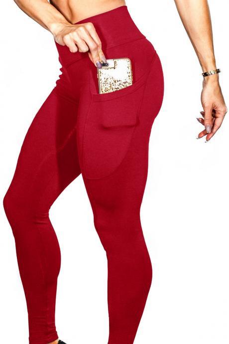  Women Yoga Pants High Waist Side Pocket Capri Sport Leggings Slim Skinny Fitness Gym Trousers wine red