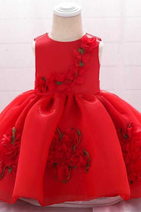 Sweet Flower Girl Dress Floral Newborn Christening Baptism Party Birthday Tutu Gown Baby Kids Clothes red